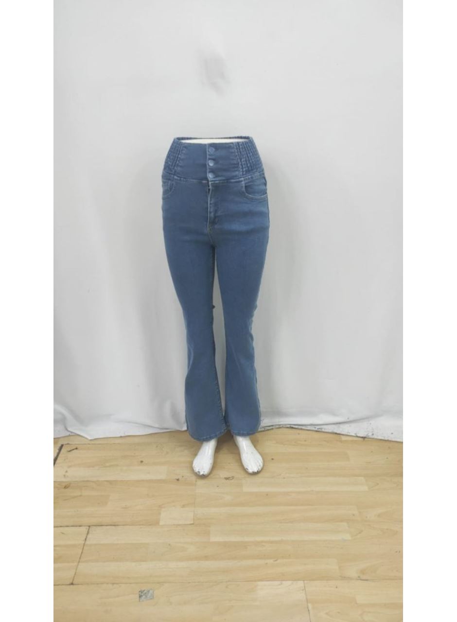 Kadın Yüksek Bel Yanları Lastik önü Düğmeli Kot Pantolon