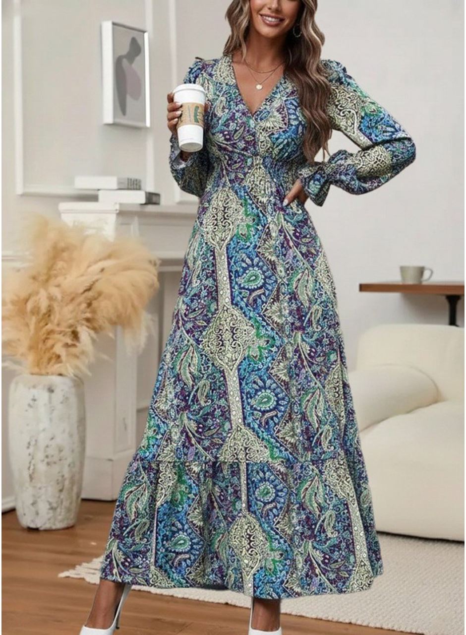 Kadın Uzun Kollu Kruvaze Yakalı Desenli Süprem Maxi Elbise