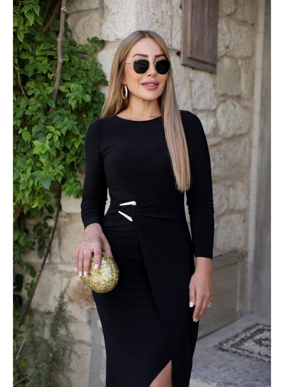 Kadın Uzun Kollu önden çapraz Detaylı Yandan Toka Detaylı Uzun Sandy Elbise