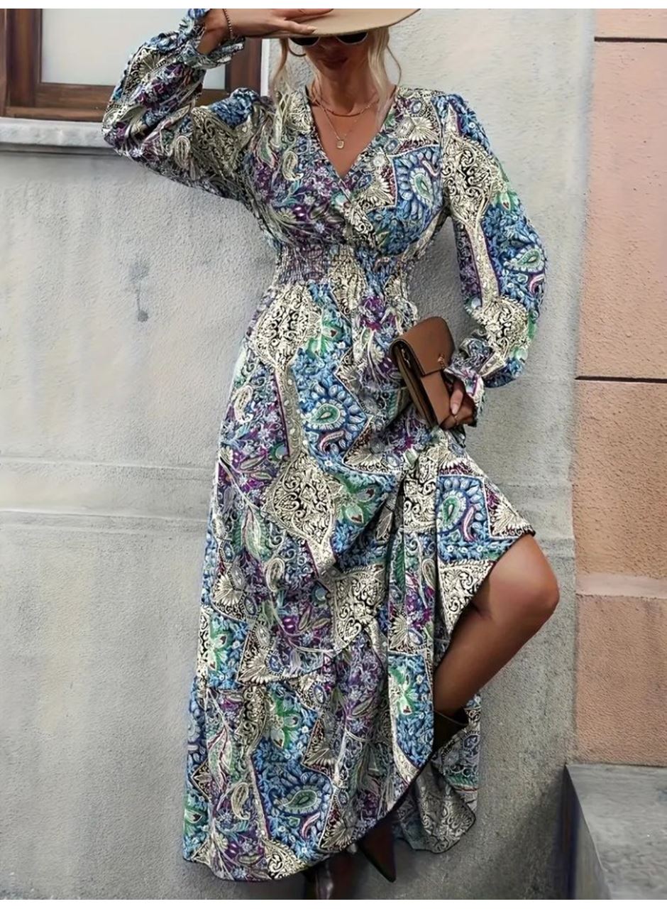 Kadın Uzun Kollu Kruvaze Yakalı Desenli Süprem Maxi Elbise