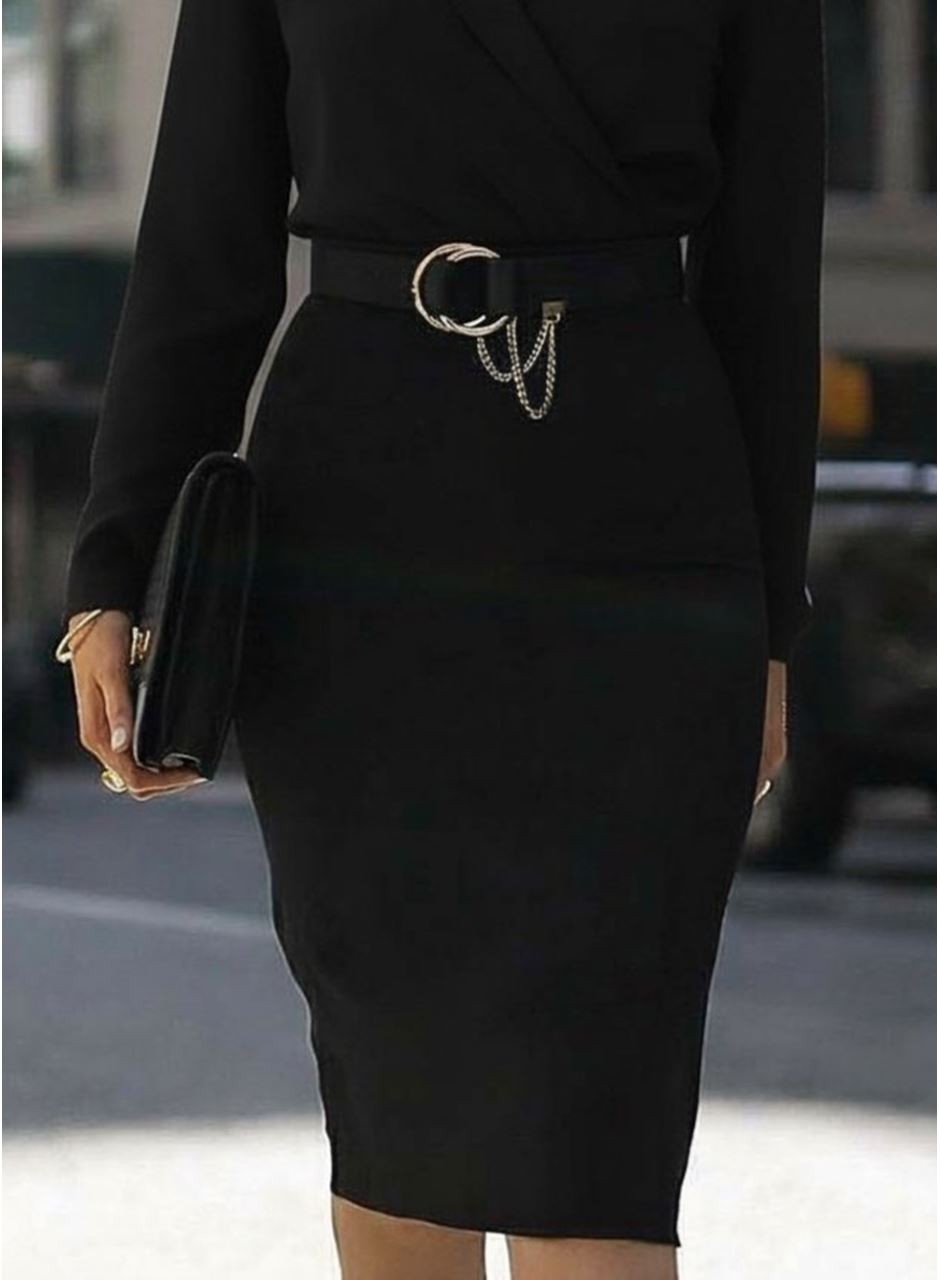 Kadın Uzun Kollu Kruvaze Yaka Janjan Krep Midi Elbise