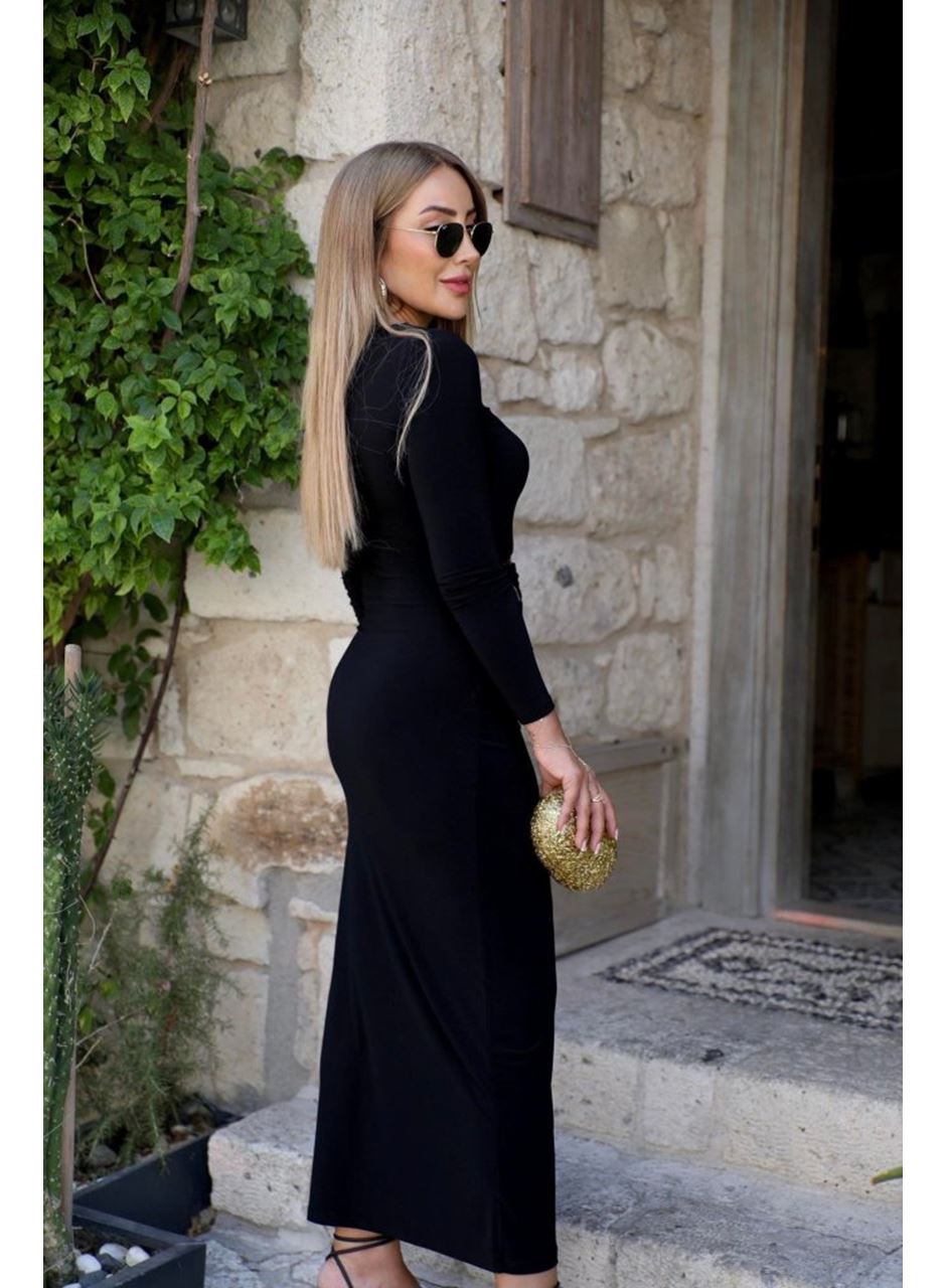 Kadın Uzun Kollu önden çapraz Detaylı Yandan Toka Detaylı Uzun Sandy Elbise