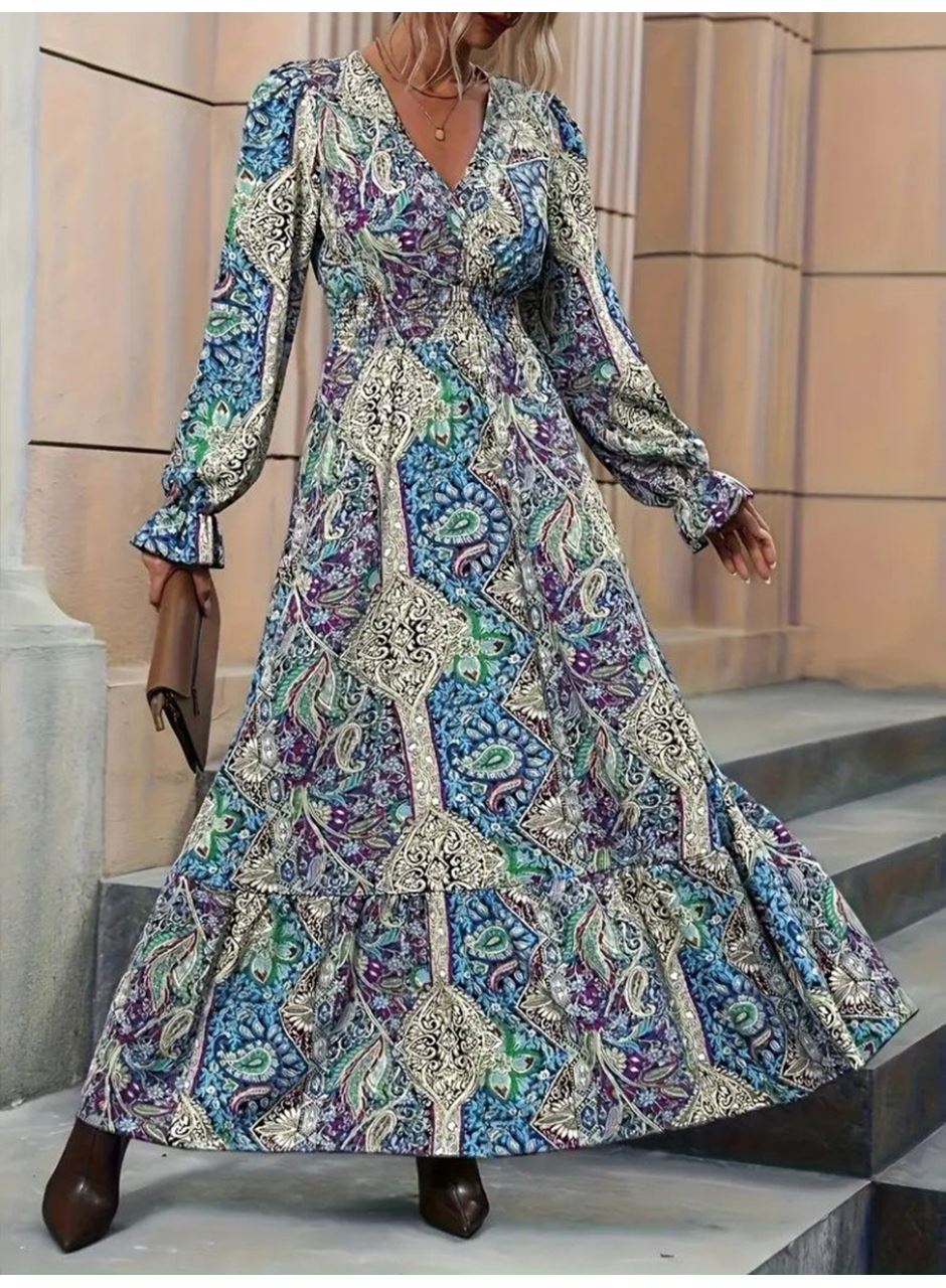 Kadın Uzun Kollu Kruvaze Yakalı Desenli Süprem Maxi Elbise