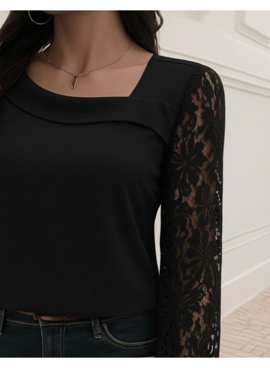 Kadın Uzun Kollu Asimetrik Yakalı Dantelli Ithal Krep Bluz