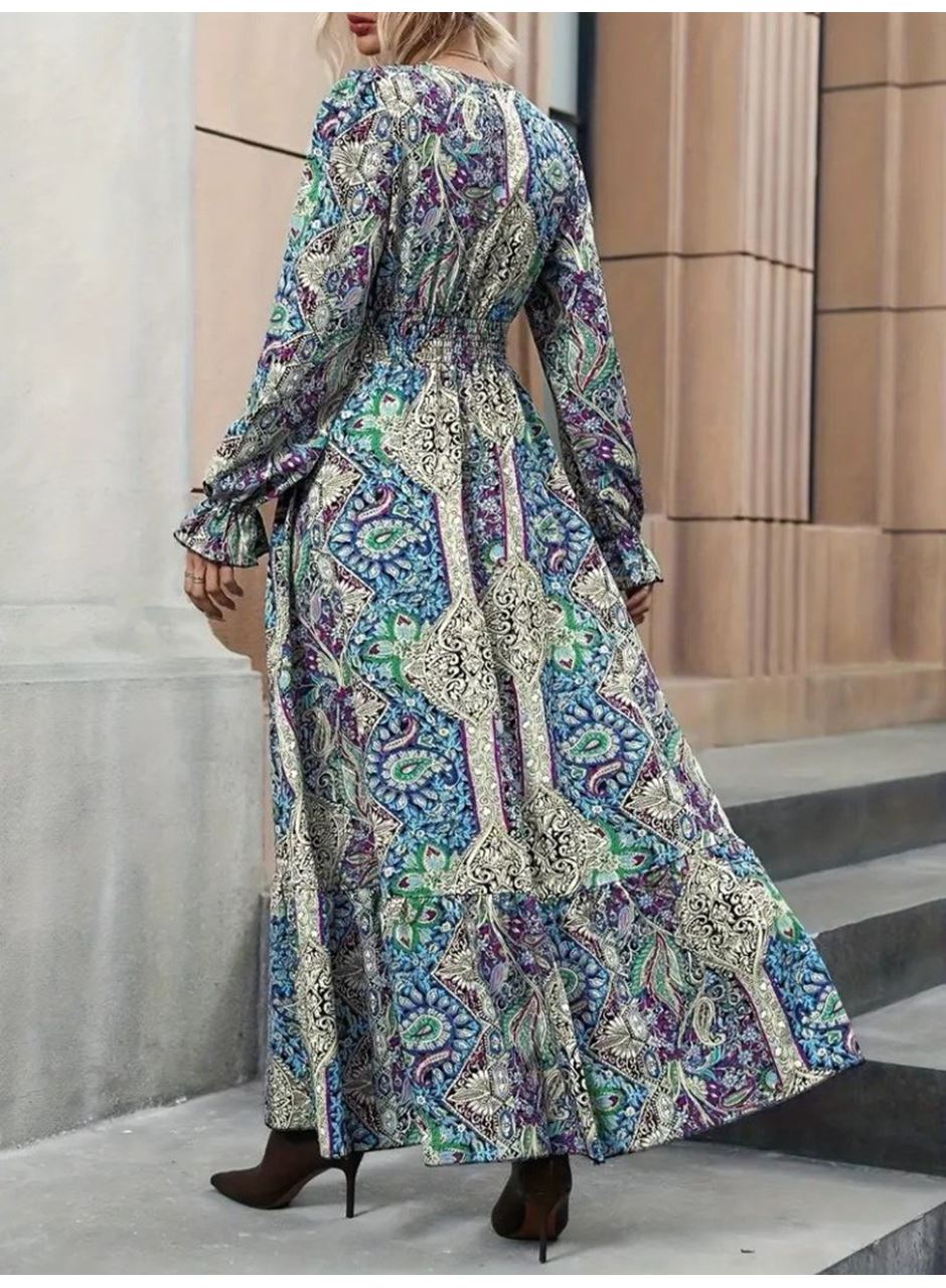 Kadın Uzun Kollu Kruvaze Yakalı Desenli Süprem Maxi Elbise