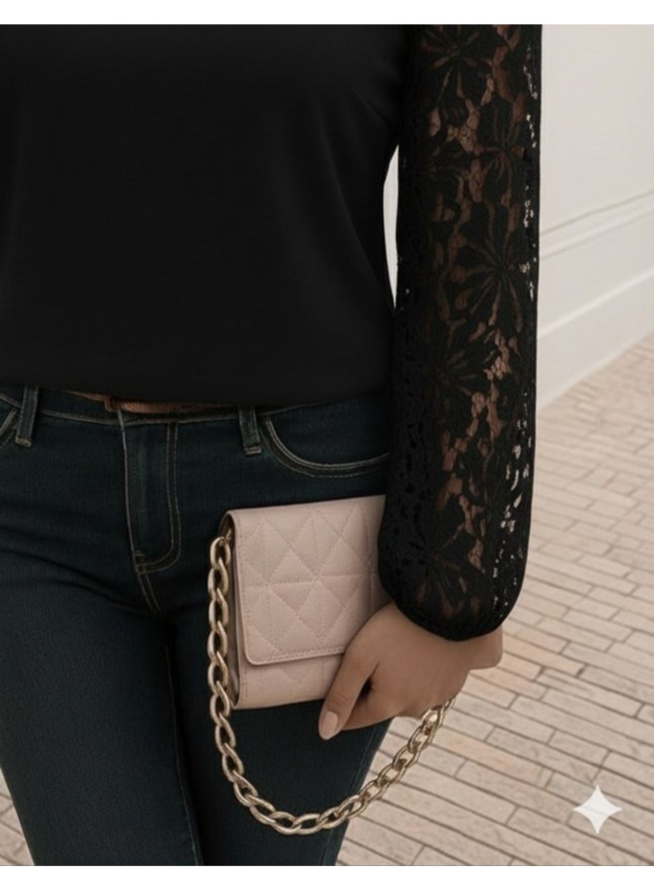 Kadın Uzun Kollu Asimetrik Yakalı Dantelli Ithal Krep Bluz