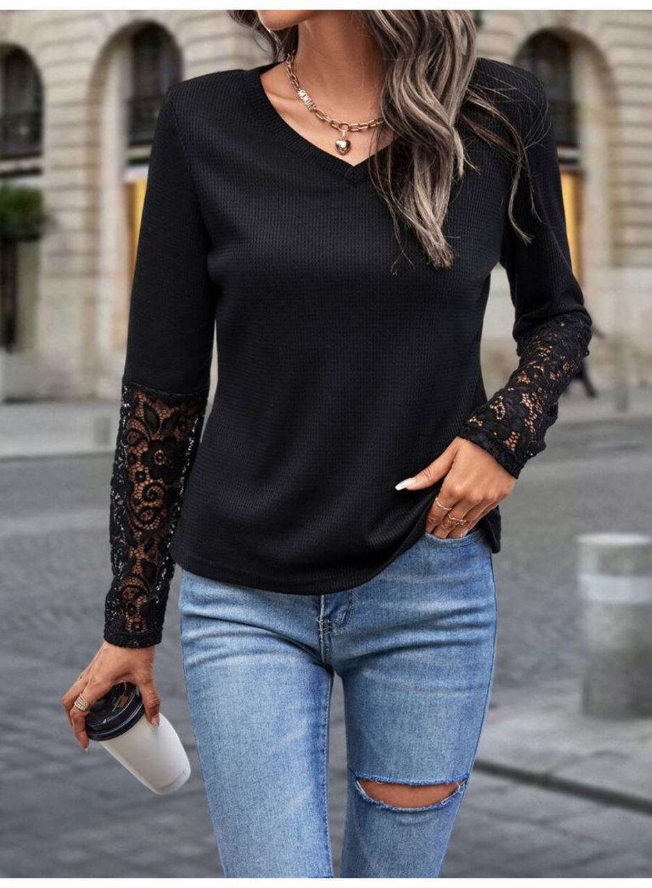 Kadın Uzun Kollu V Yakalı Dantelli Waffle Bluz