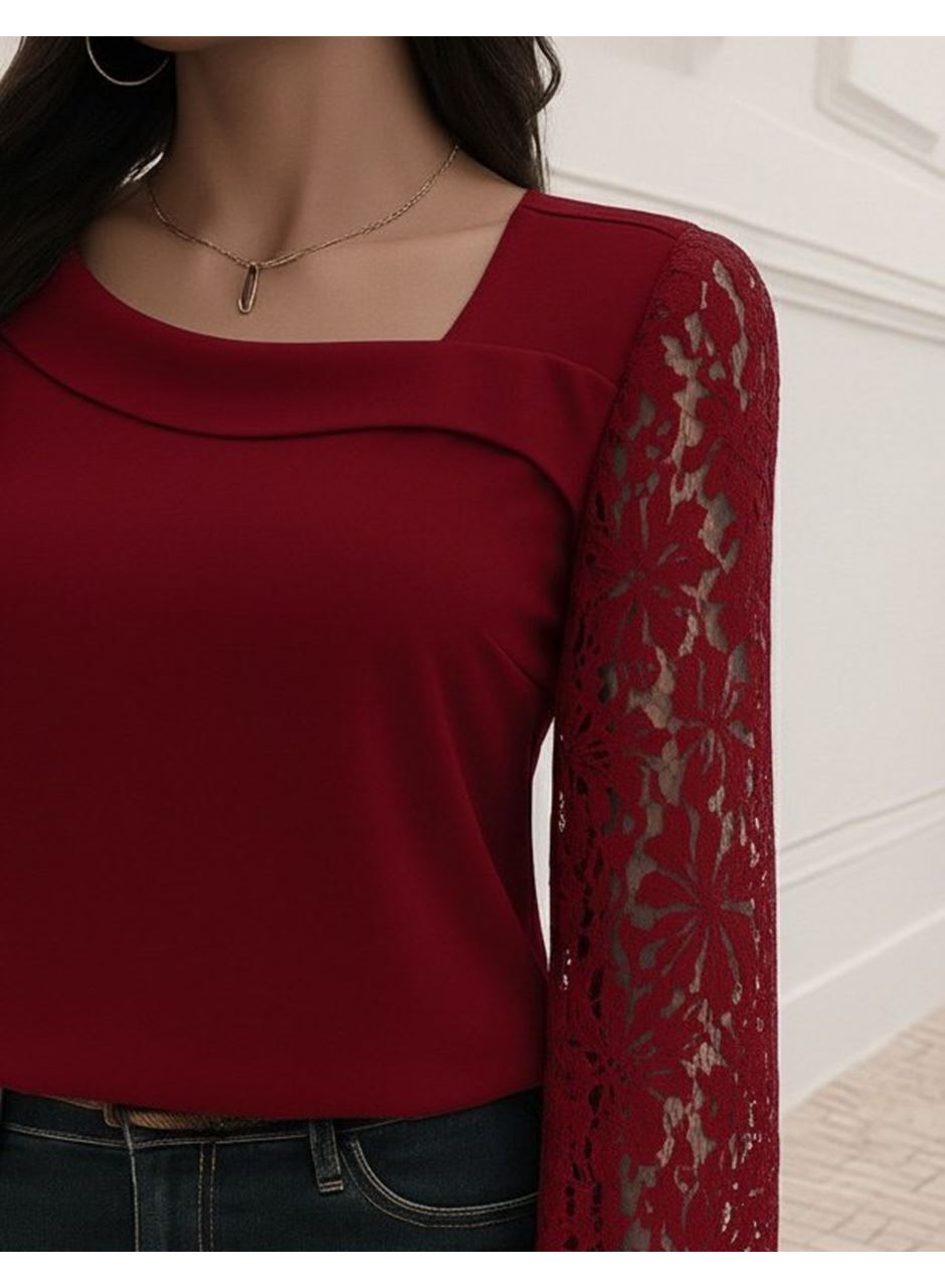 Kadın Uzun Kollu Asimetrik Yakalı Dantelli Ithal Krep Bluz