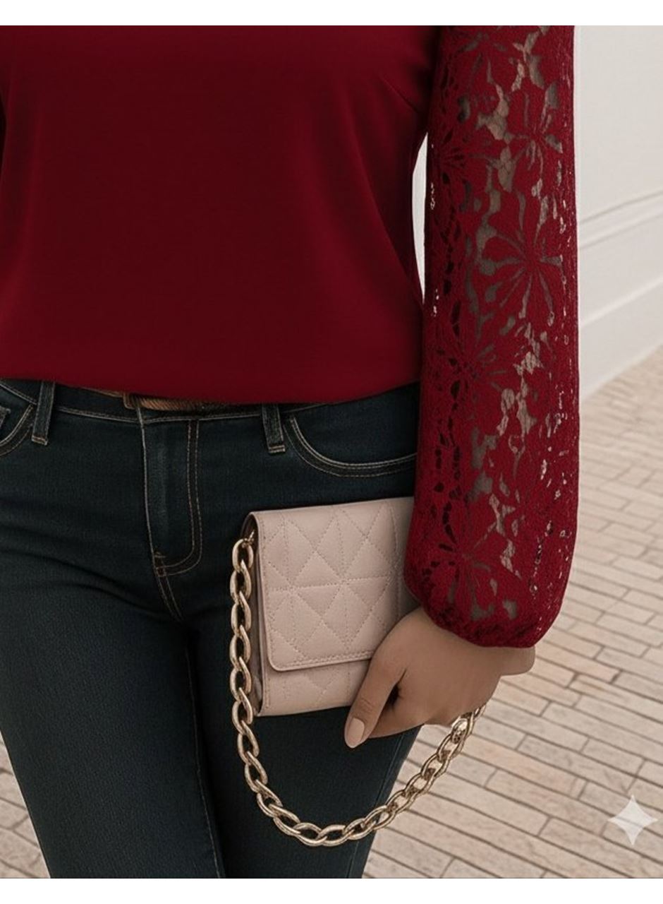 Kadın Uzun Kollu Asimetrik Yakalı Dantelli Ithal Krep Bluz