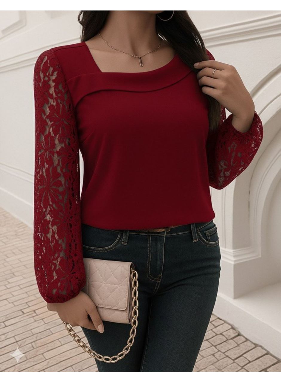 Kadın Uzun Kollu Asimetrik Yakalı Dantelli Ithal Krep Bluz