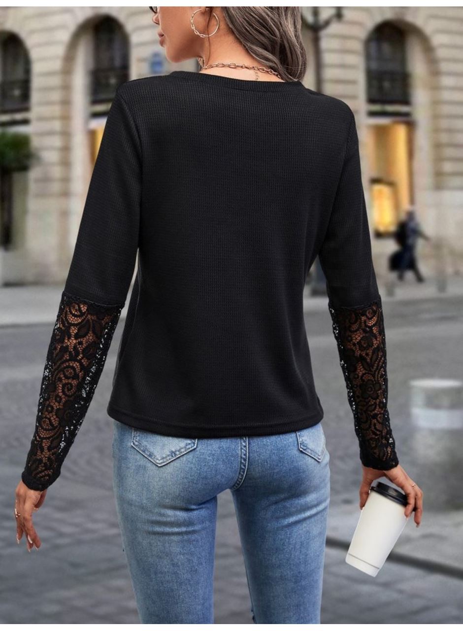 Kadın Uzun Kollu V Yakalı Dantelli Waffle Bluz