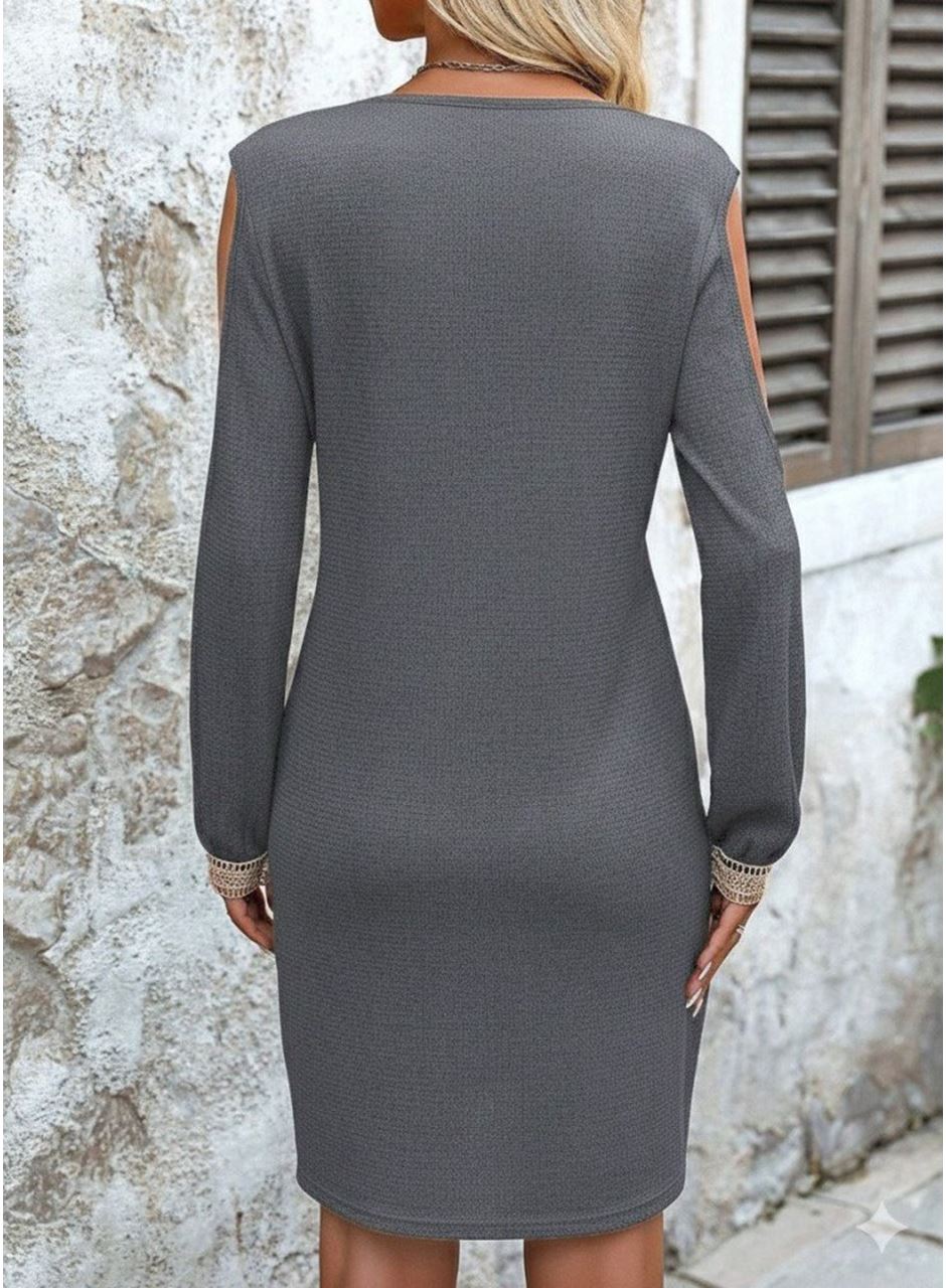 Kadın Uzun Kollu Omuzdan Açık V Dantel Yakalı Mini Waffle Elbise