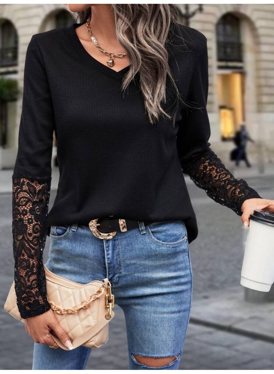 Kadın Uzun Kollu V Yakalı Dantelli Waffle Bluz