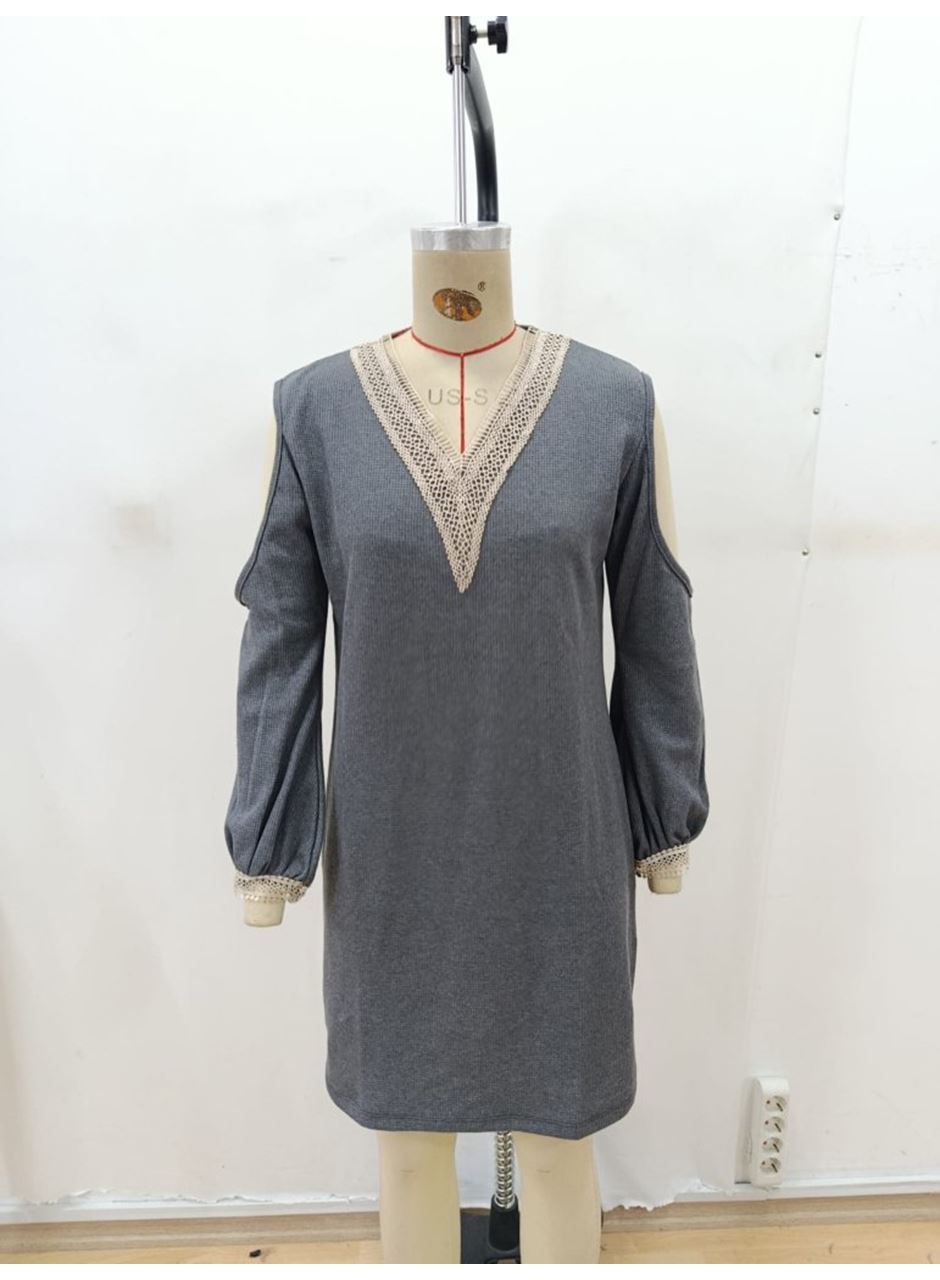 Kadın Uzun Kollu Omuzdan Açık V Dantel Yakalı Mini Waffle Elbise