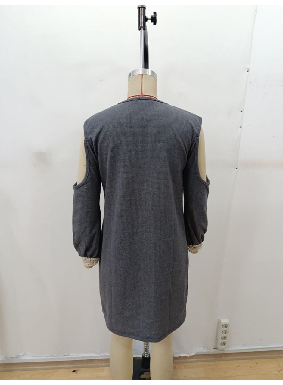 Kadın Uzun Kollu Omuzdan Açık V Dantel Yakalı Mini Waffle Elbise