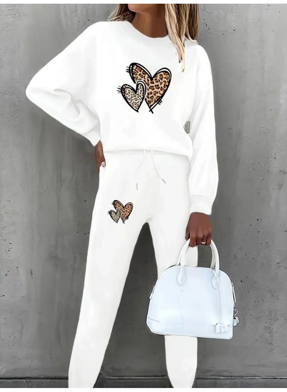 Kadın Uzun Kollu Bisiklet Yaka Kalp Desenli şardonlu üç Iplik Bluz Ve Pantolon Ikili Takım