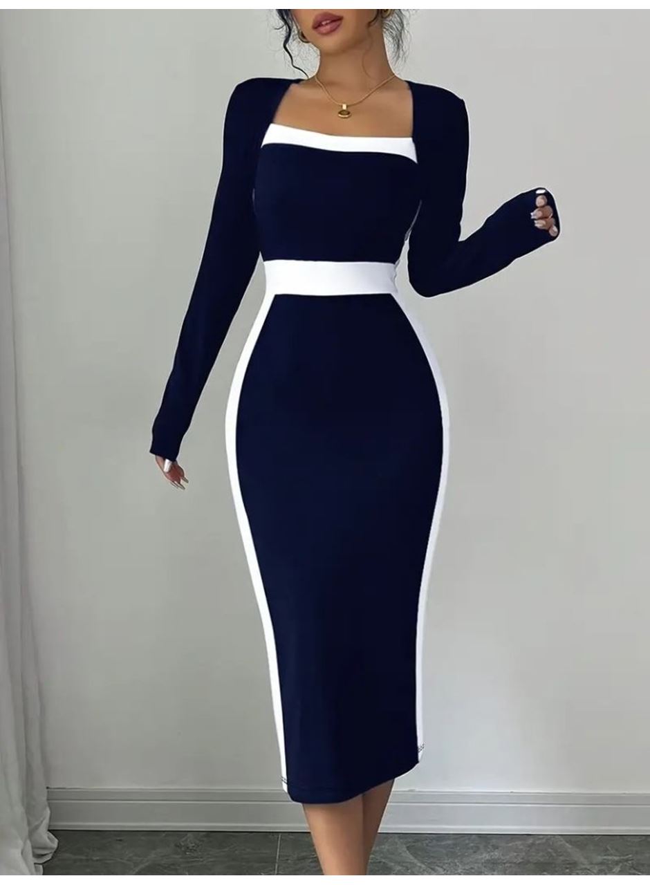 Kadın Uzun Kollu Geometrik Yaka Midi Ithal Krep Elbise