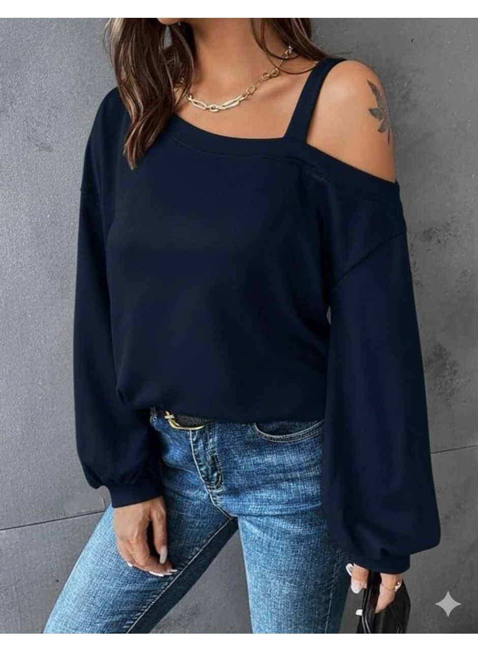 Kadın Uzun Kollu Tek Omuz Askı Detay Salaş Viskon Iki Iplik Bluz