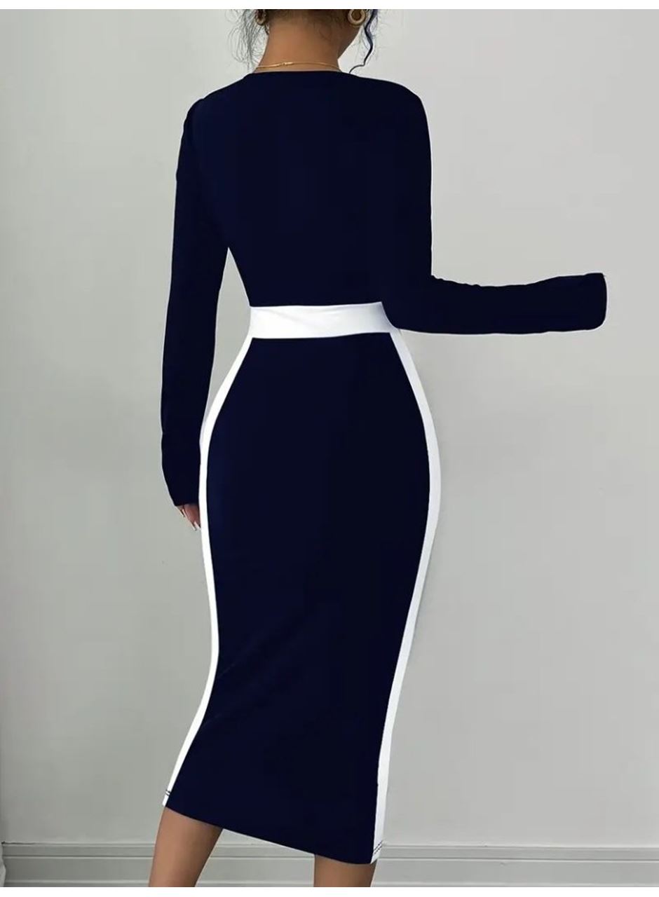 Kadın Uzun Kollu Geometrik Yaka Midi Ithal Krep Elbise