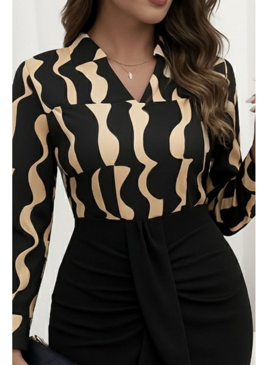 Kadın Uzun Kollu V Hakim Yakalı Desenli Dalgıç Bluz Ve önden Büzgülü Krep Ikili Takım