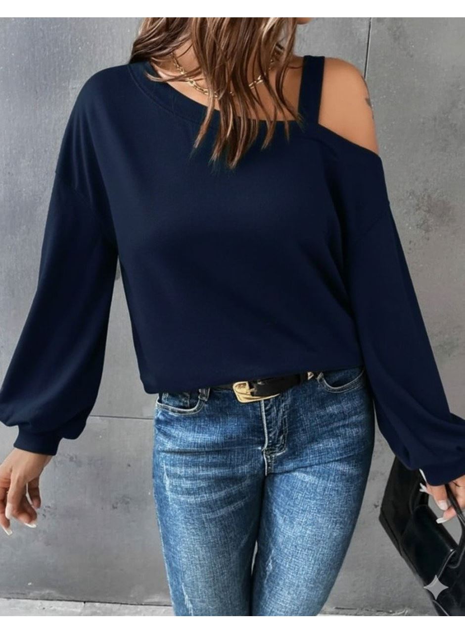 Kadın Uzun Kollu Tek Omuz Askı Detay Salaş Viskon Iki Iplik Bluz