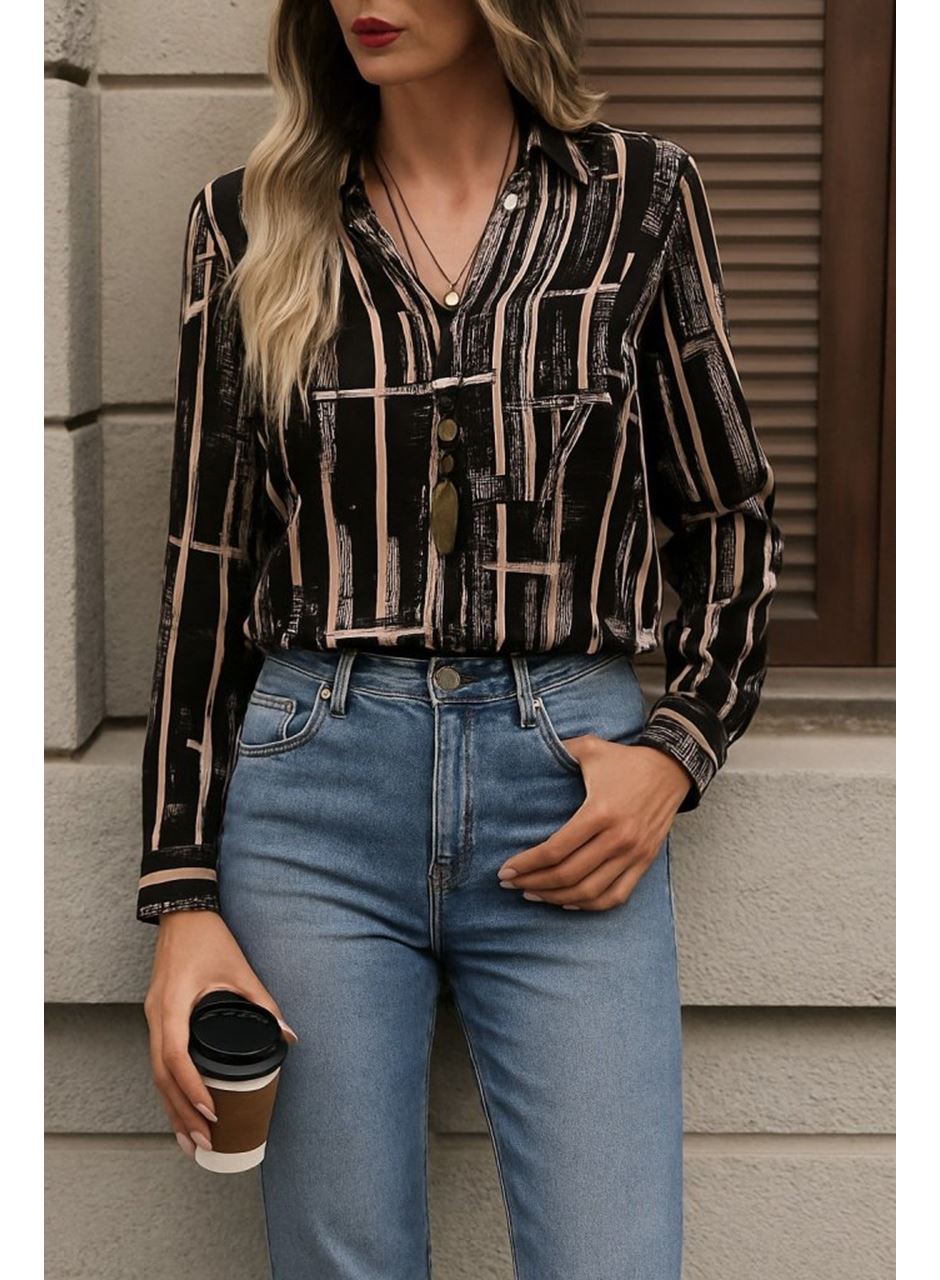 Kadın Uzun Kollu V Yakalı Desenli Dalgıç Bluz