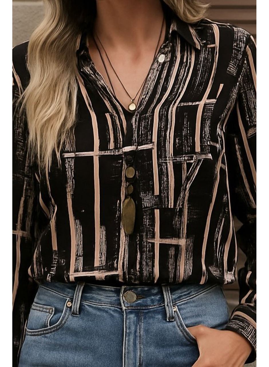 Kadın Uzun Kollu V Yakalı Desenli Dalgıç Bluz