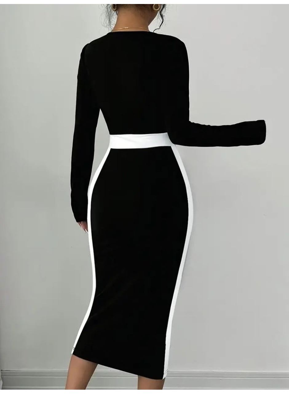 Kadın Uzun Kollu Geometrik Yaka Midi Ithal Krep Elbise