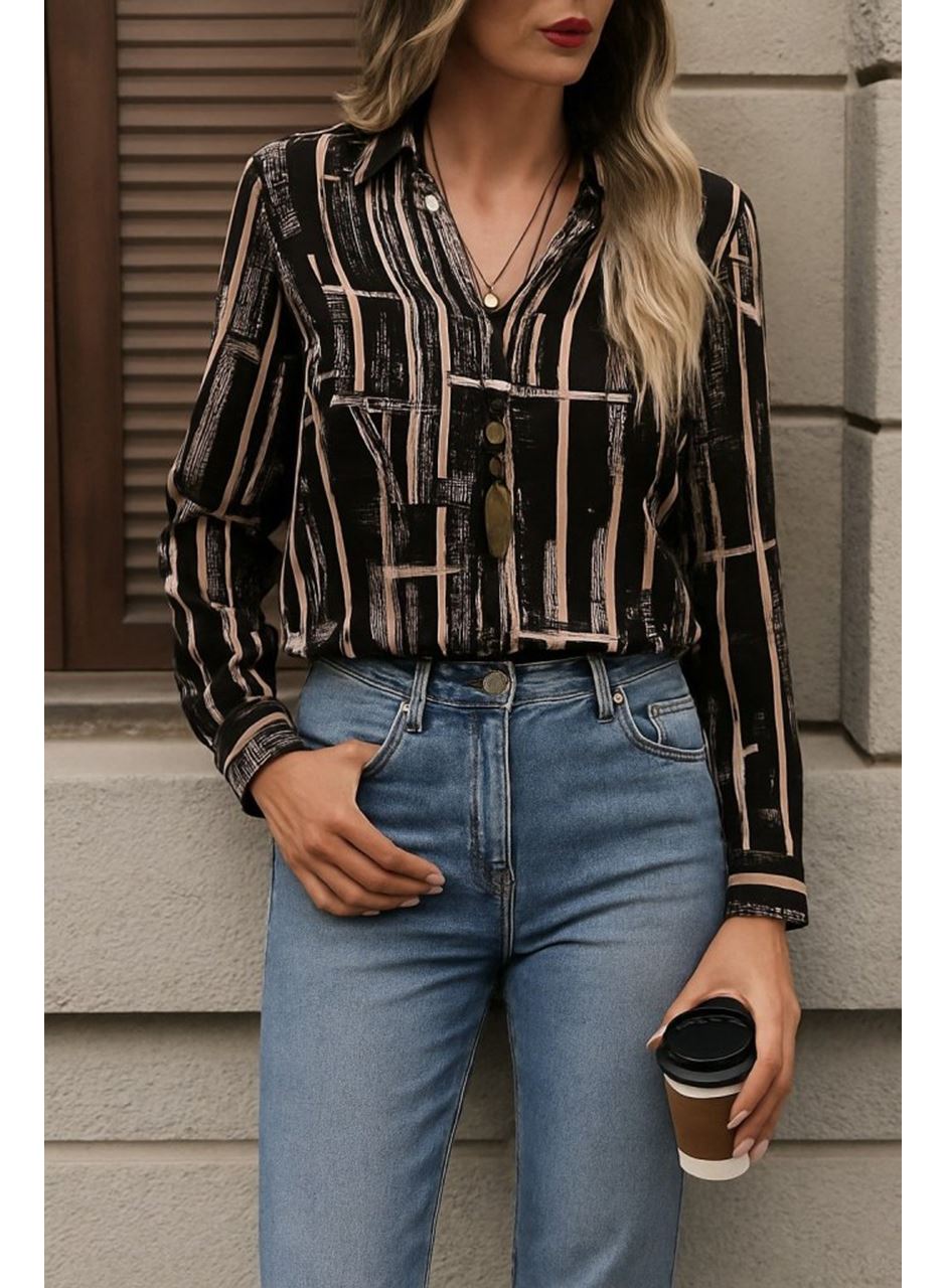 Kadın Uzun Kollu V Yakalı Desenli Dalgıç Bluz
