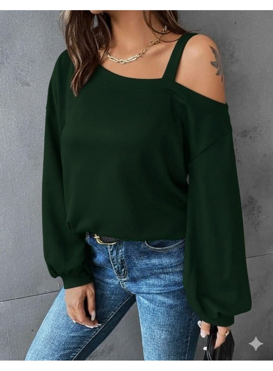 Kadın Uzun Kollu Tek Omuz Askı Detay Salaş Viskon Iki Iplik Bluz