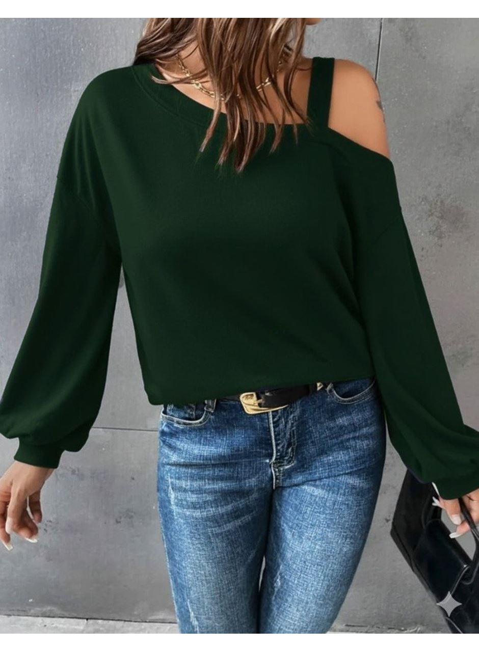 Kadın Uzun Kollu Tek Omuz Askı Detay Salaş Viskon Iki Iplik Bluz