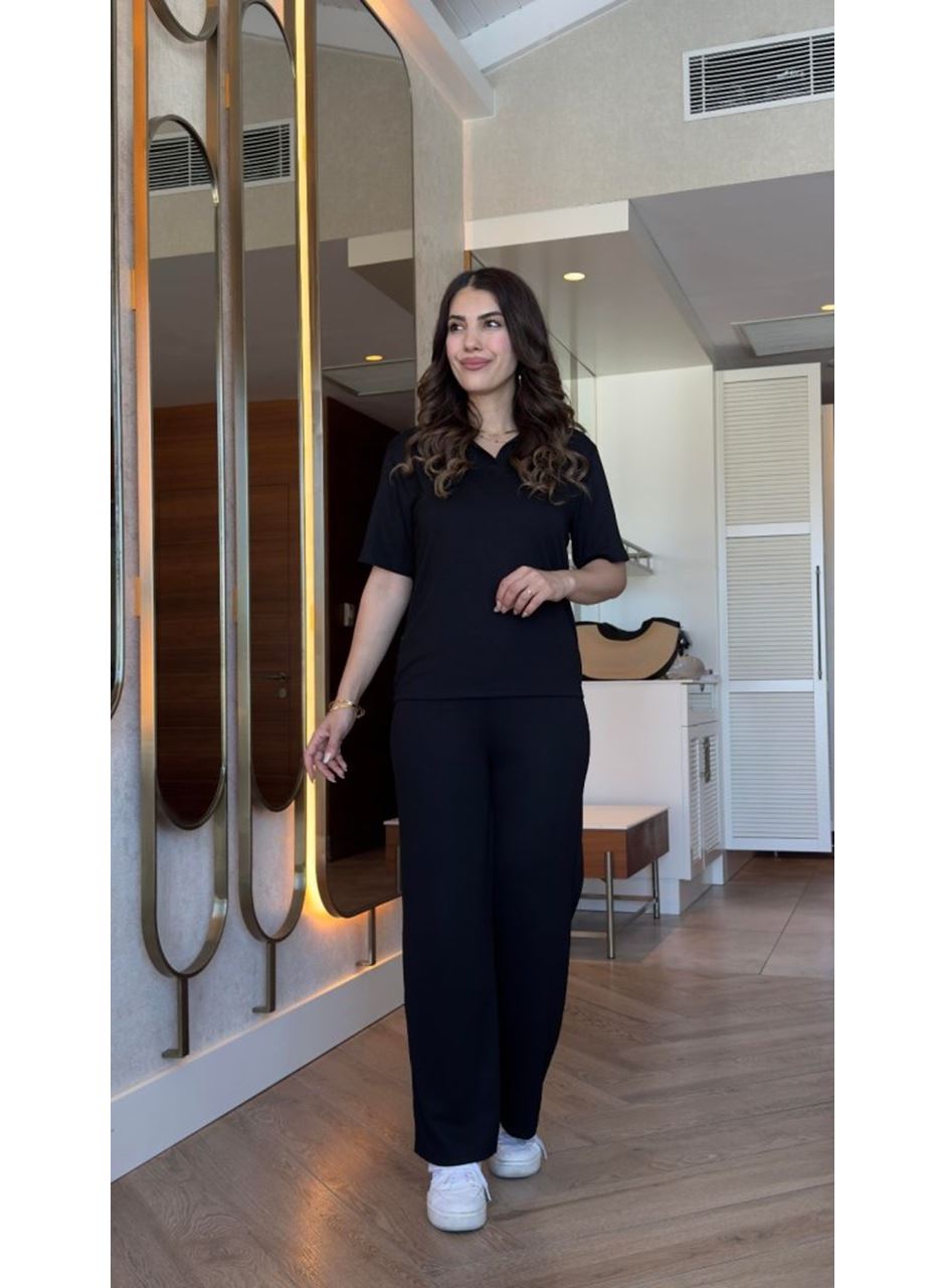 Kadın Kısa Kollu Yakalı Viskon Iki Iplik Bluz Ve Pantolon Ikili Takım