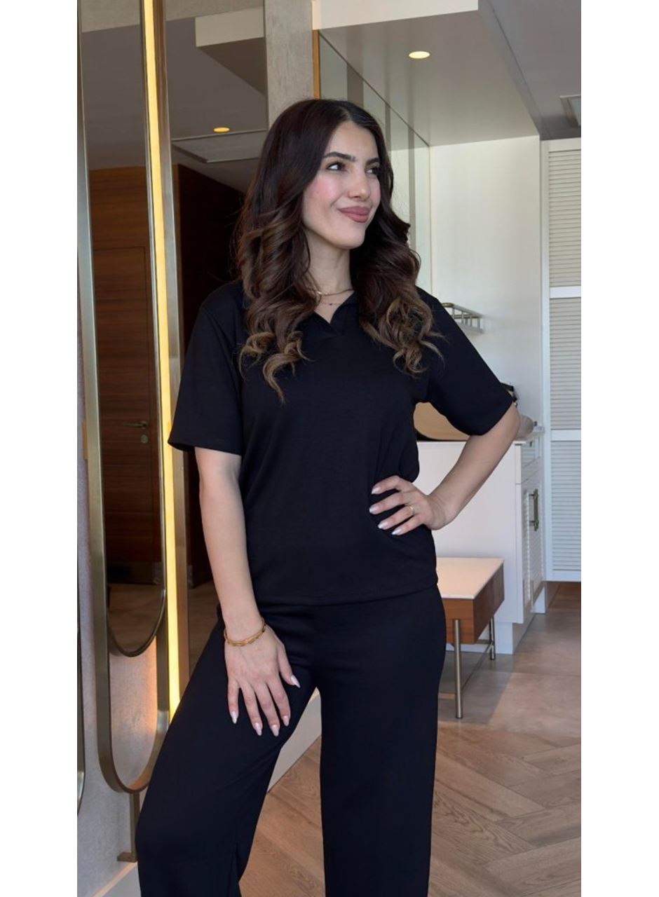 Kadın Kısa Kollu Yakalı Viskon Iki Iplik Bluz Ve Pantolon Ikili Takım