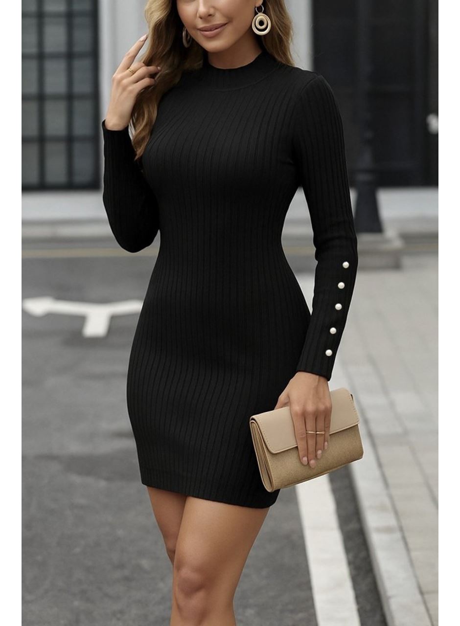 Kadın Uzun Kollu Yarı Balıkçı Yaka Kollar Düğme Detaylı Kısa şardonlu Kaşkorse Elbise