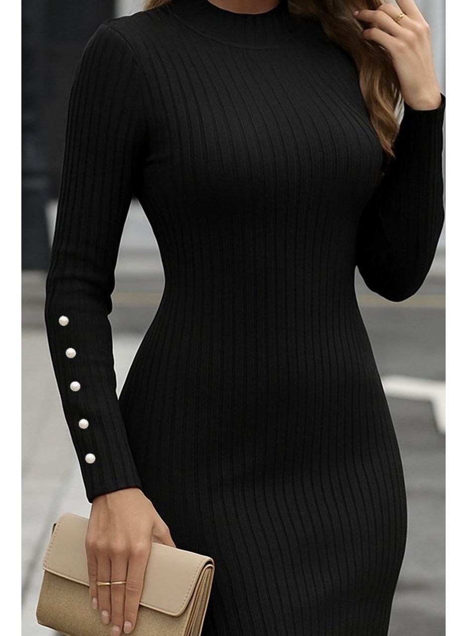 Kadın Uzun Kollu Yarı Balıkçı Yaka Kollar Düğme Detaylı Kısa şardonlu Kaşkorse Elbise