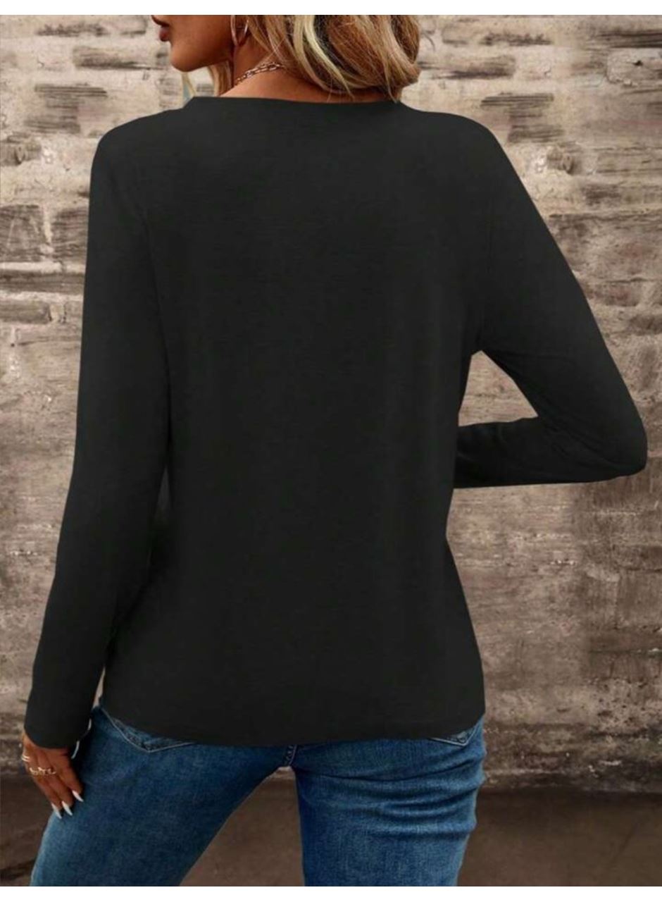 Kadın Uzun Kollu Cepli V Yakalı Viskon Iki Iplik Bluz