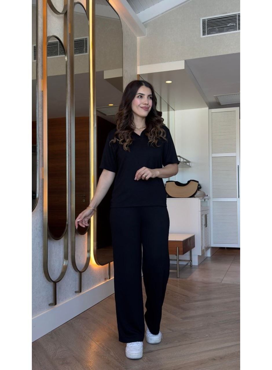 Kadın Kısa Kollu Yakalı Viskon Iki Iplik Bluz Ve Pantolon Ikili Takım