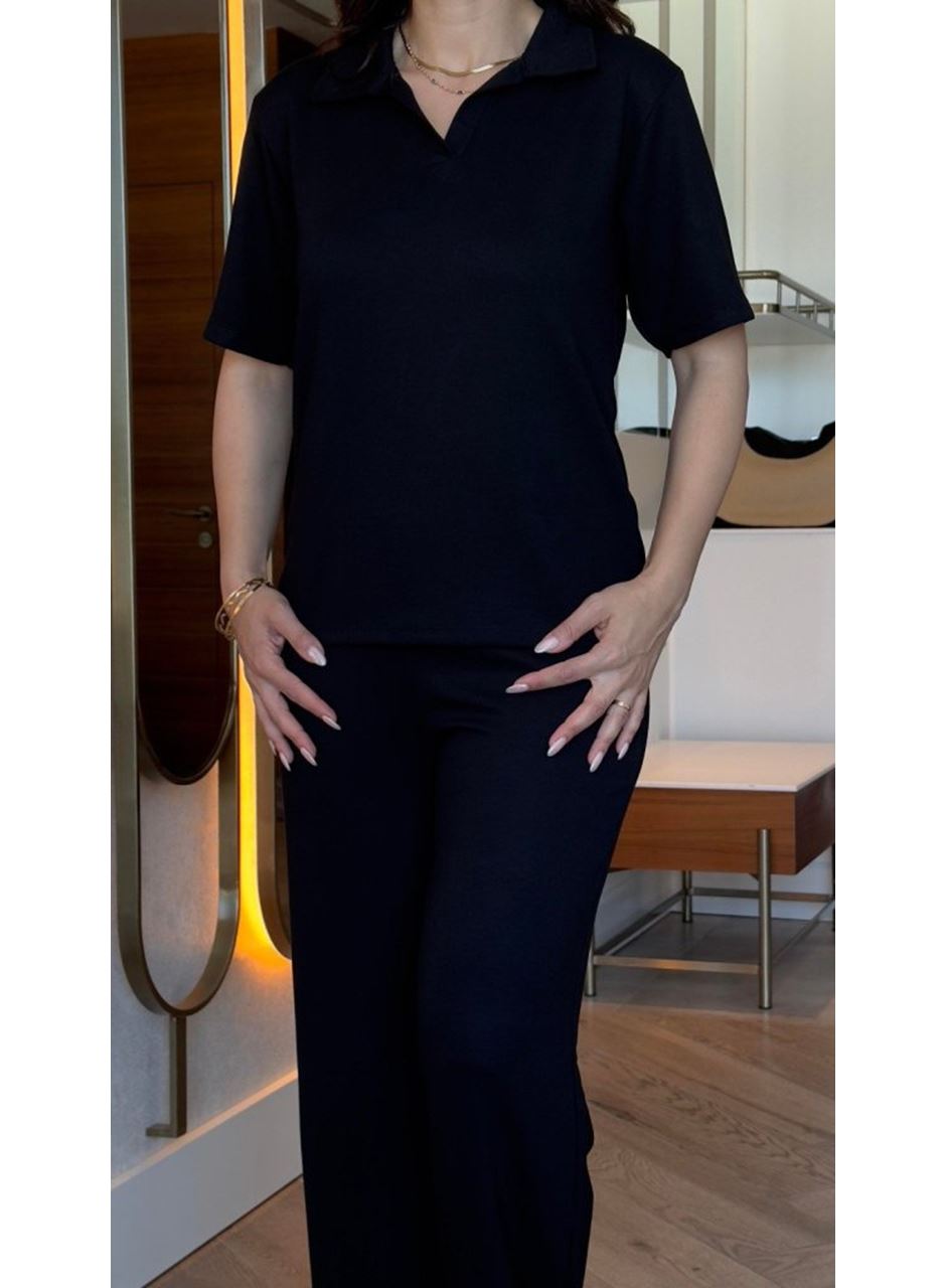 Kadın Kısa Kollu Yakalı Viskon Iki Iplik Bluz Ve Pantolon Ikili Takım