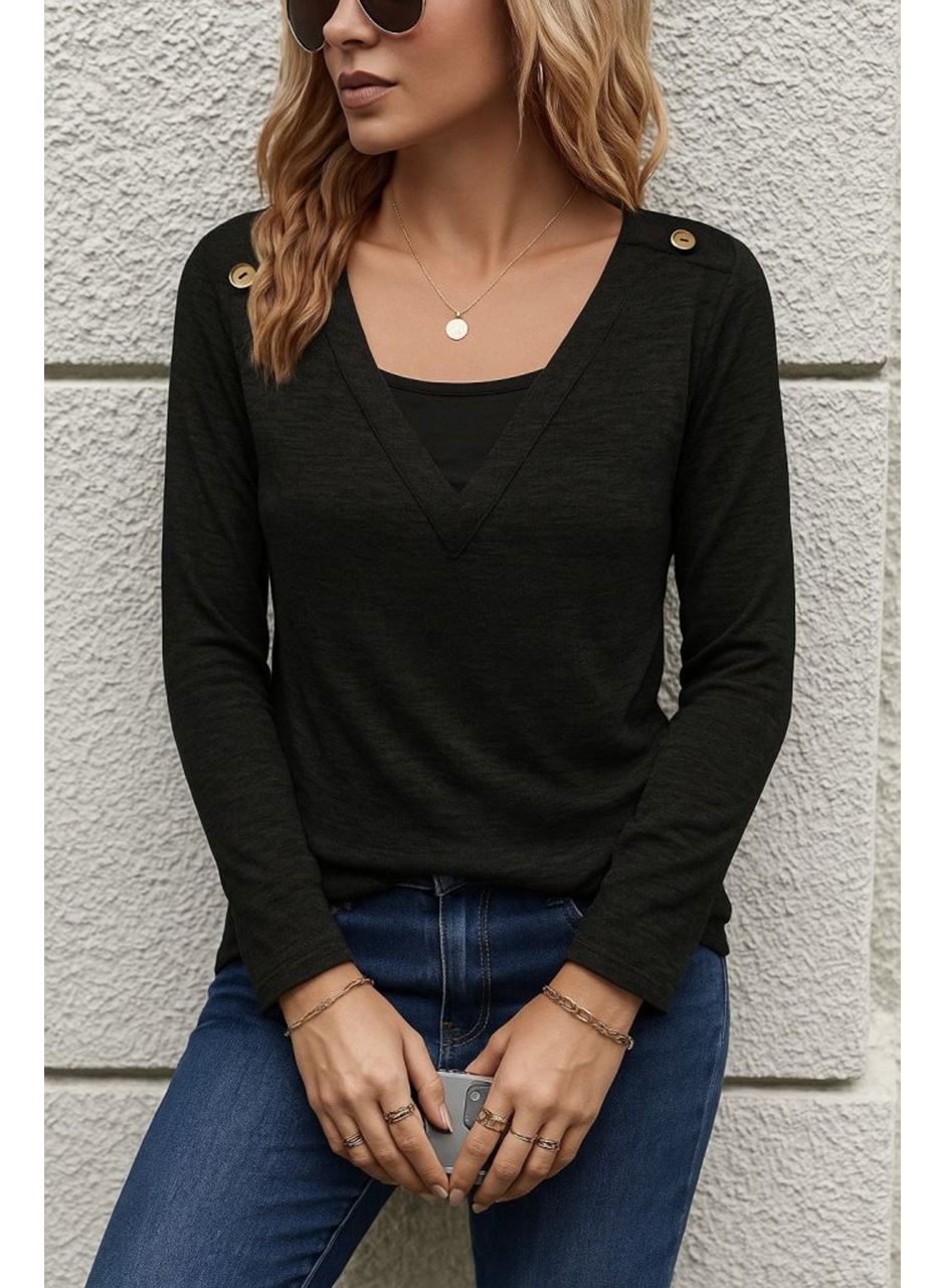 Kadın Uzun Kollu V Yaka Düğme Detaylı Yumoş Bluz