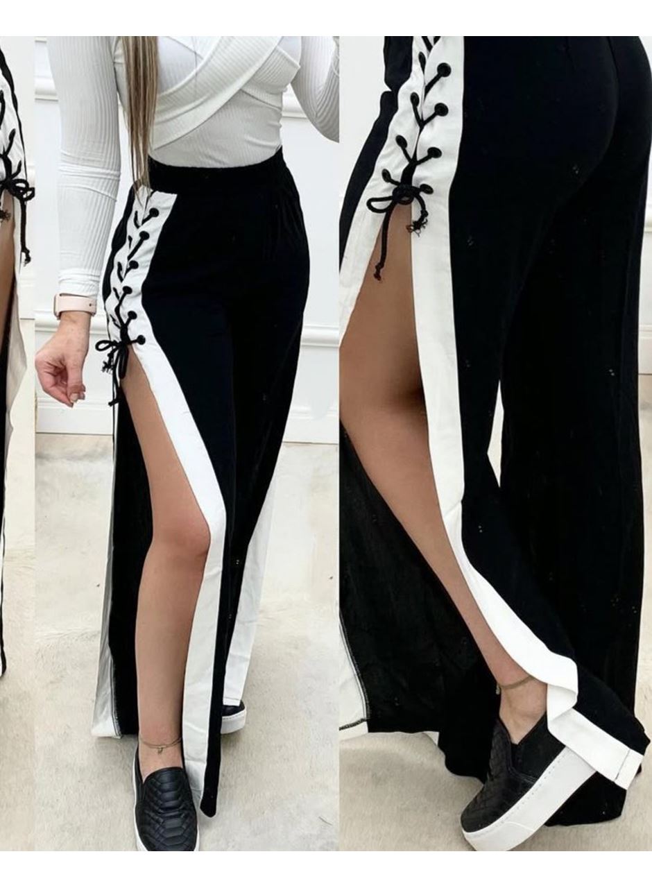 Kadın Yüksek Bel Yandan çapraz Bağcıklı Yırtmaçlı Viskon Iki Iplik Pantolon