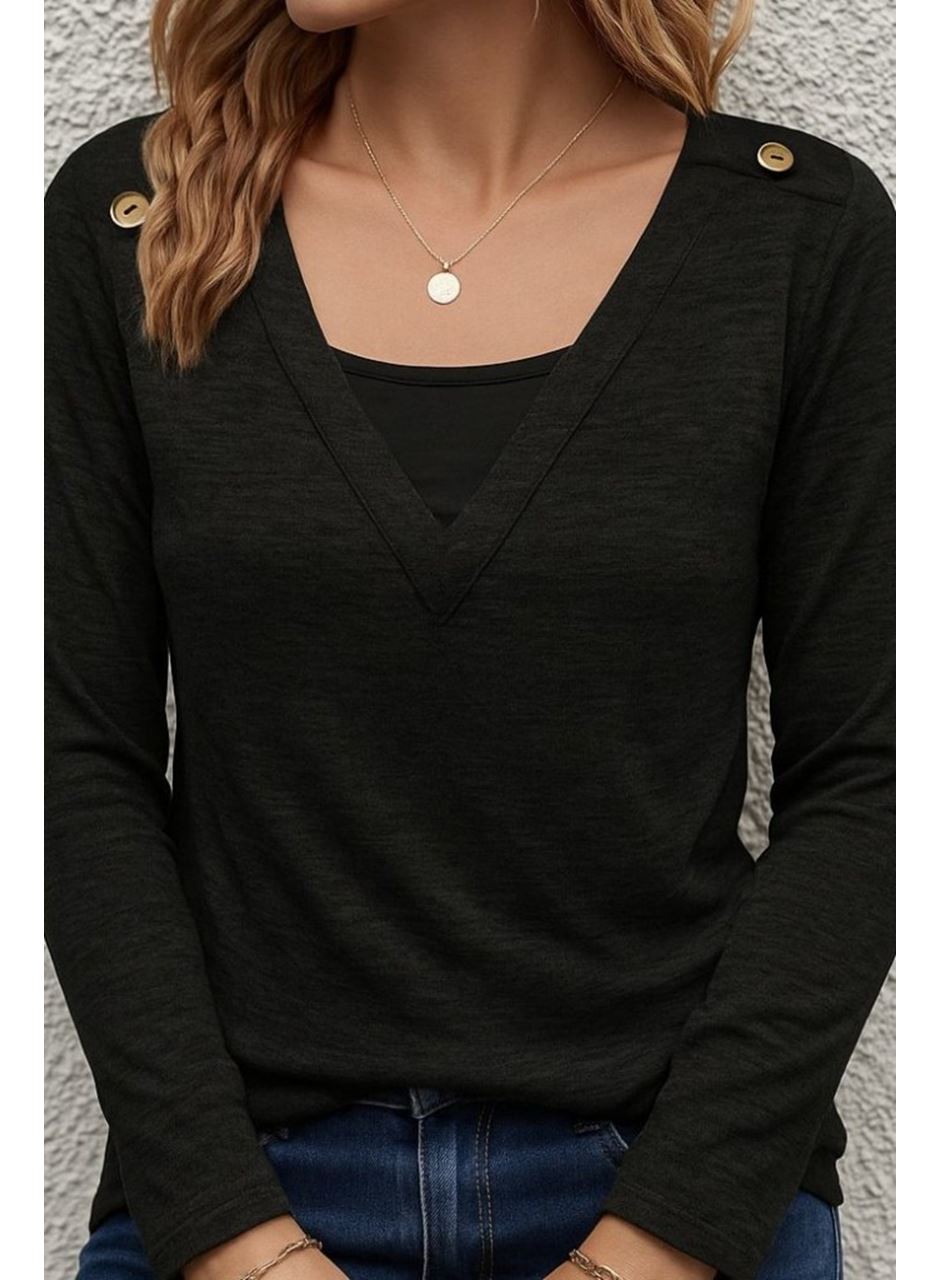 Kadın Uzun Kollu V Yaka Düğme Detaylı Yumoş Bluz