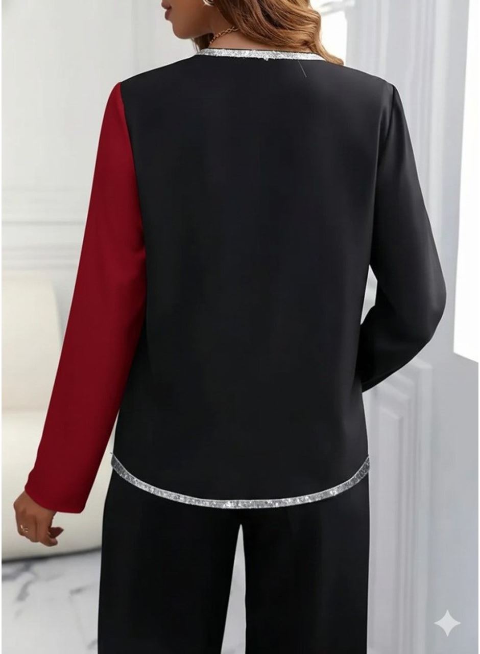 Kadın Uzun Kollu V Yakalı Pul Payet Işlemeli Ithal Krep Bluz