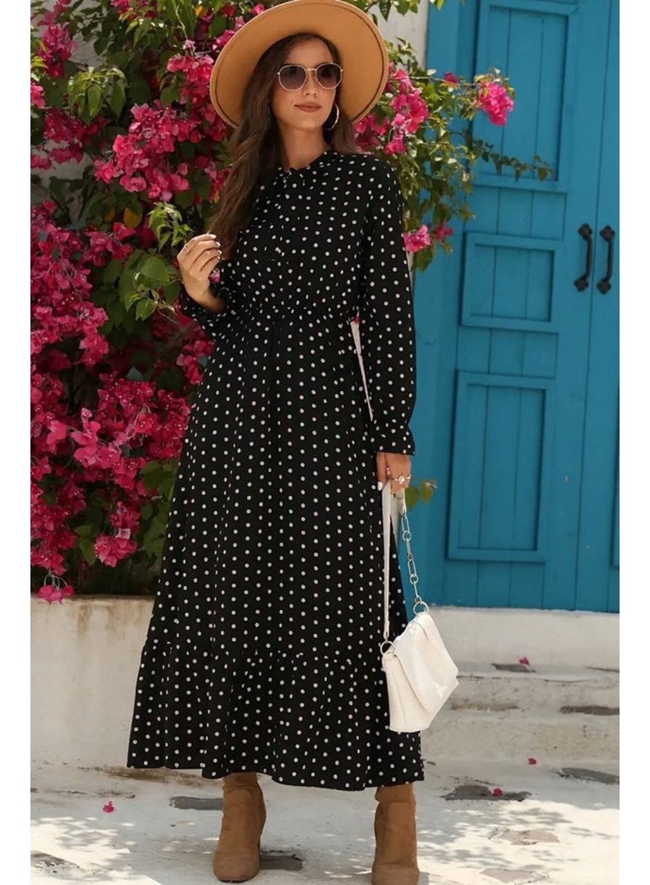 Kadın Uzun Kollu Yakası Bağcıklı Uzun Puantiyeli Krep Maxi Elbise