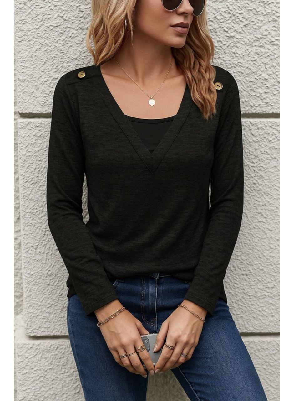 Kadın Uzun Kollu V Yaka Düğme Detaylı Yumoş Bluz