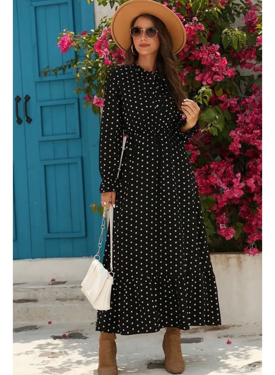 Kadın Uzun Kollu Yakası Bağcıklı Uzun Puantiyeli Krep Maxi Elbise