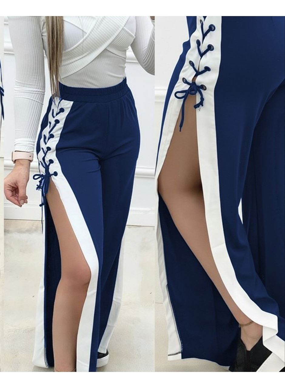 Kadın Yüksek Bel Yandan çapraz Bağcıklı Yırtmaçlı Viskon Iki Iplik Pantolon