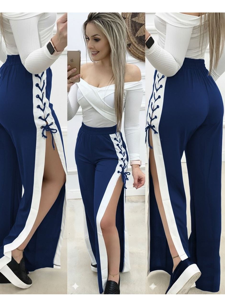 Kadın Yüksek Bel Yandan çapraz Bağcıklı Yırtmaçlı Viskon Iki Iplik Pantolon