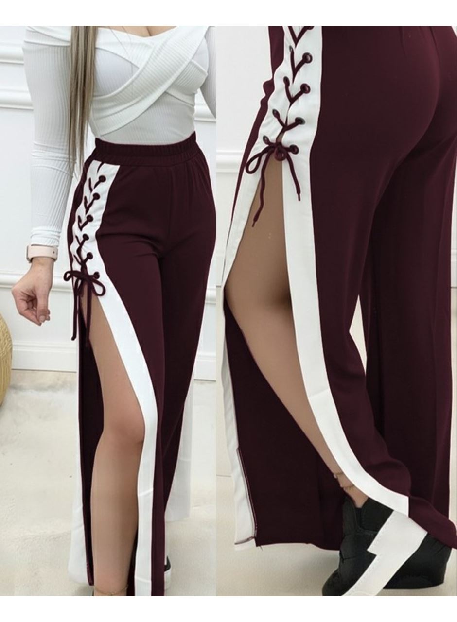 Kadın Yüksek Bel Yandan çapraz Bağcıklı Yırtmaçlı Viskon Iki Iplik Pantolon