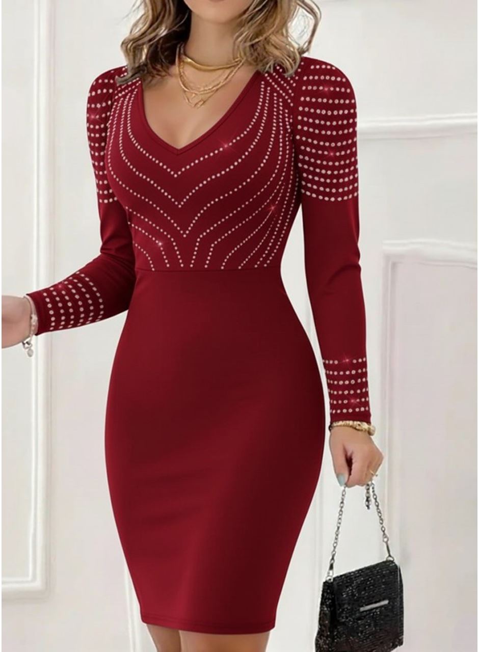 Kadın Uzun Kollu V Yakalı Taşlı Mini Ithal Krep Elbise