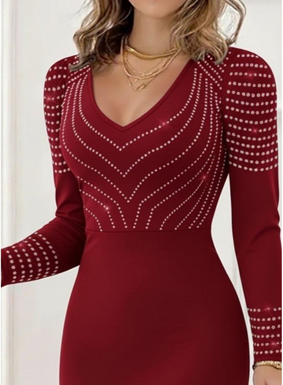 Kadın Uzun Kollu V Yakalı Taşlı Mini Ithal Krep Elbise